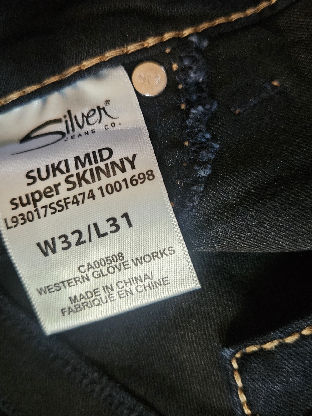 Silver Jeans Suki Mid Super Skinny Black with Tan Stitching